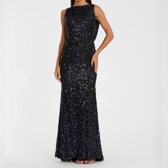 Mac DuggalNavy Blue Cowl Back Boat Neck Sequined Evening Gown